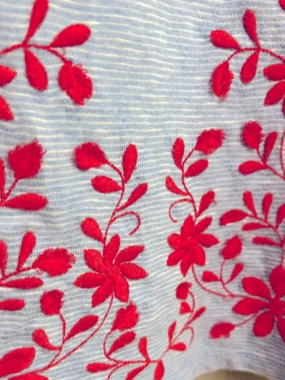 Talbots Light Blue White Striped Blouse with Coral Floral Embroidery Size Large - Picture 5 of 9